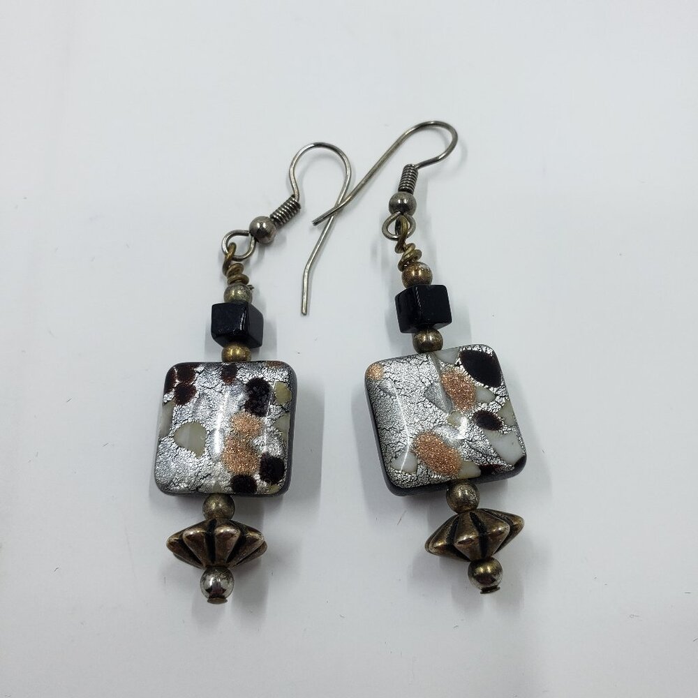 Vintage Rectangular Glass Earrings with Gold Silver and Black